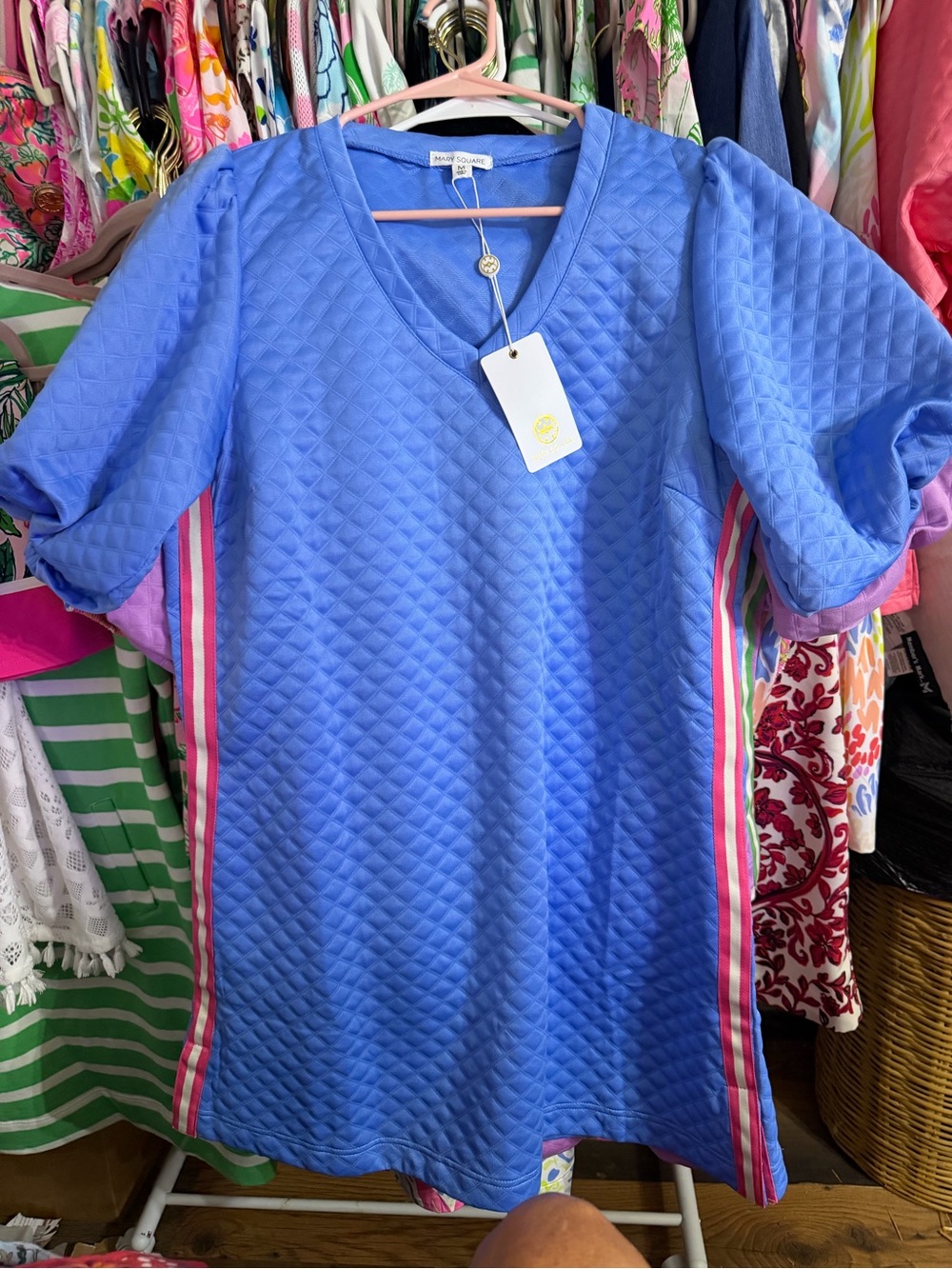 Mary Square Stacey Quilted Puff Sleeve Dress in Blue with Pink and White Stripes